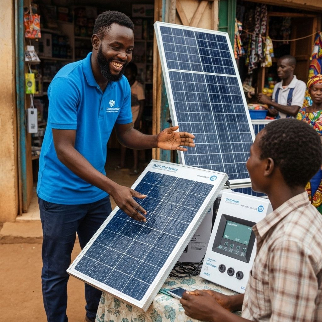 African distributor demonstrating solar product to customer