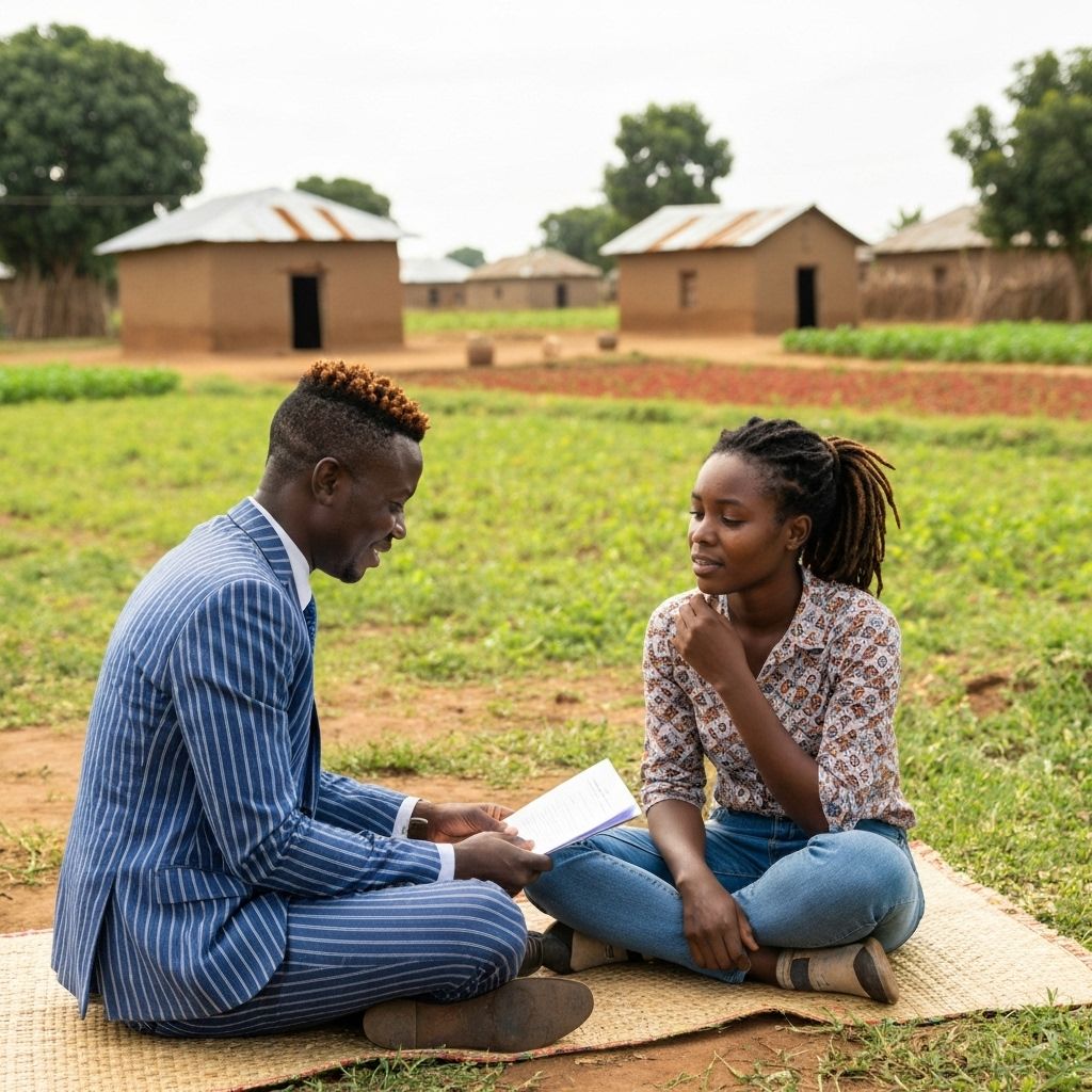 African loan officer meeting with customer in rural setting